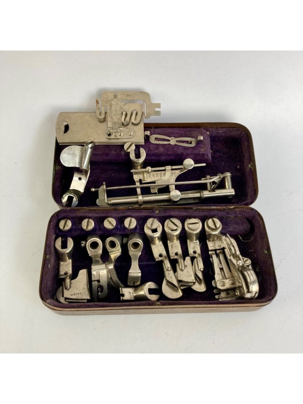 Antique White Sewing Machine Attachment Box Vintage Set